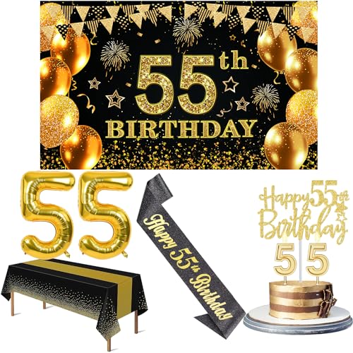 YeohJoy 55th Birthday Decorations for Men Women with 55th Birthday Banner Black and Gold Table Cloth Number Balloons Large Sash Cake Topper and Candles - Image 1