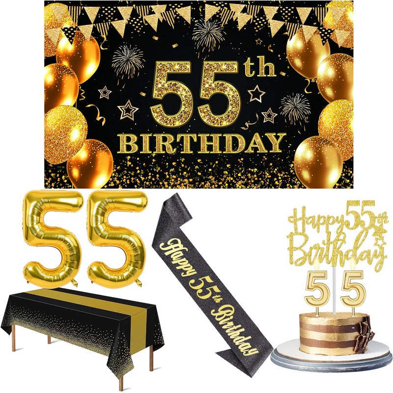 YeohJoy 55th Birthday Decorations for Men Women with 55th Birthday Banner Black and Gold Table Cloth Number Balloons Large Sash Cake Topper and Candles - Image 2