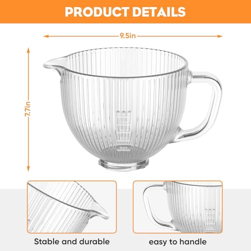 Cofun Glass Mixer Bowl for Kitchenaid Tilt-Head Stand Mixers 4.5-5 Quart, 5 qt Mixing Bowl Replacement for Kitchen aid with Measurement Markings,Handle - Image 4