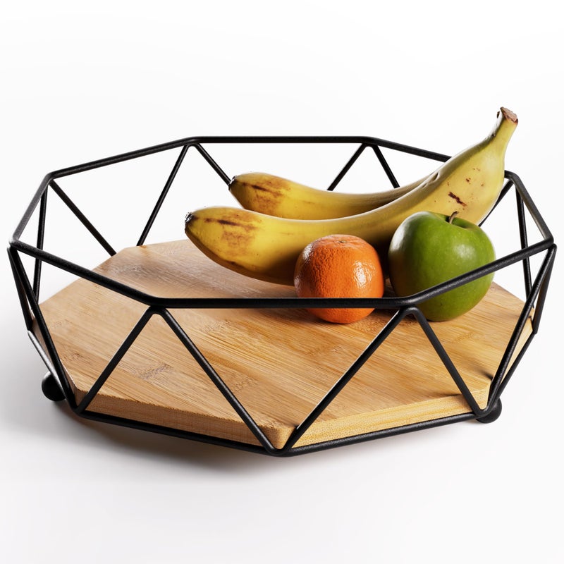 HB Design Co. Fruit Bowl for Kitchen Counter - 12"W Metal & Wood Modern Fruit Bowl - Large Fruit Basket for Kitchen Counter - Black Decorative Bowl - Dining Table Centerpiece Decor Bowl - Fruit Bowls - Fruit Holder - Image 1