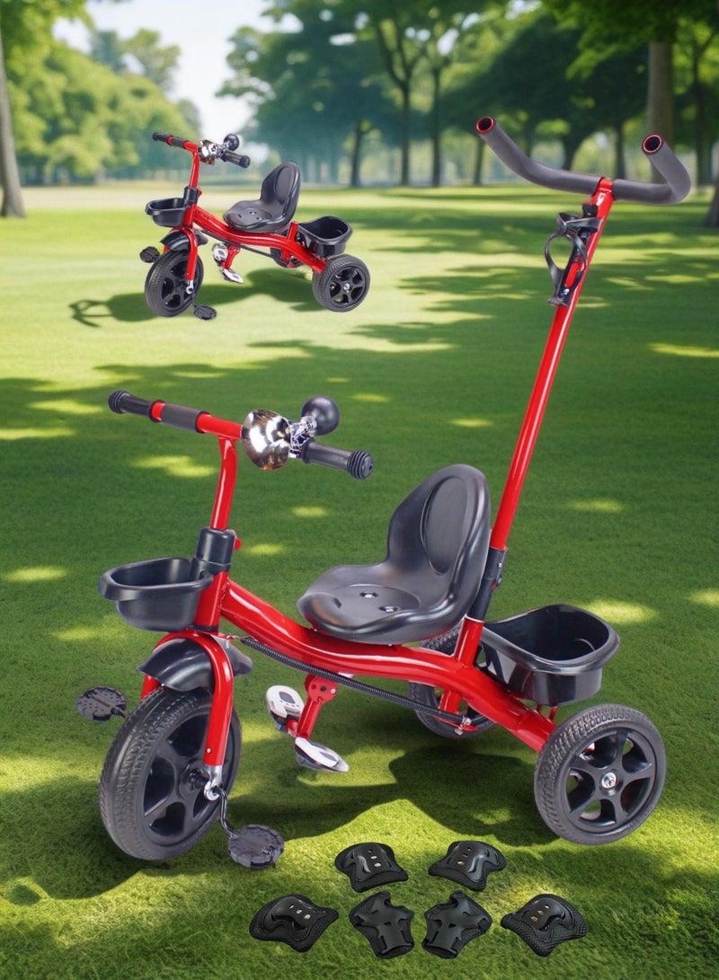 إيزي فيتشور دراجة ثلاثية العجلات للأطفال من EASY FUTURE مزودة بمقبض دفع للوالدين مع سلة تخزين (رمادي، أحمر، وردي، يمكن الاختيار) تتضمن العبوة مجموعة معدات الحماية - Image 1