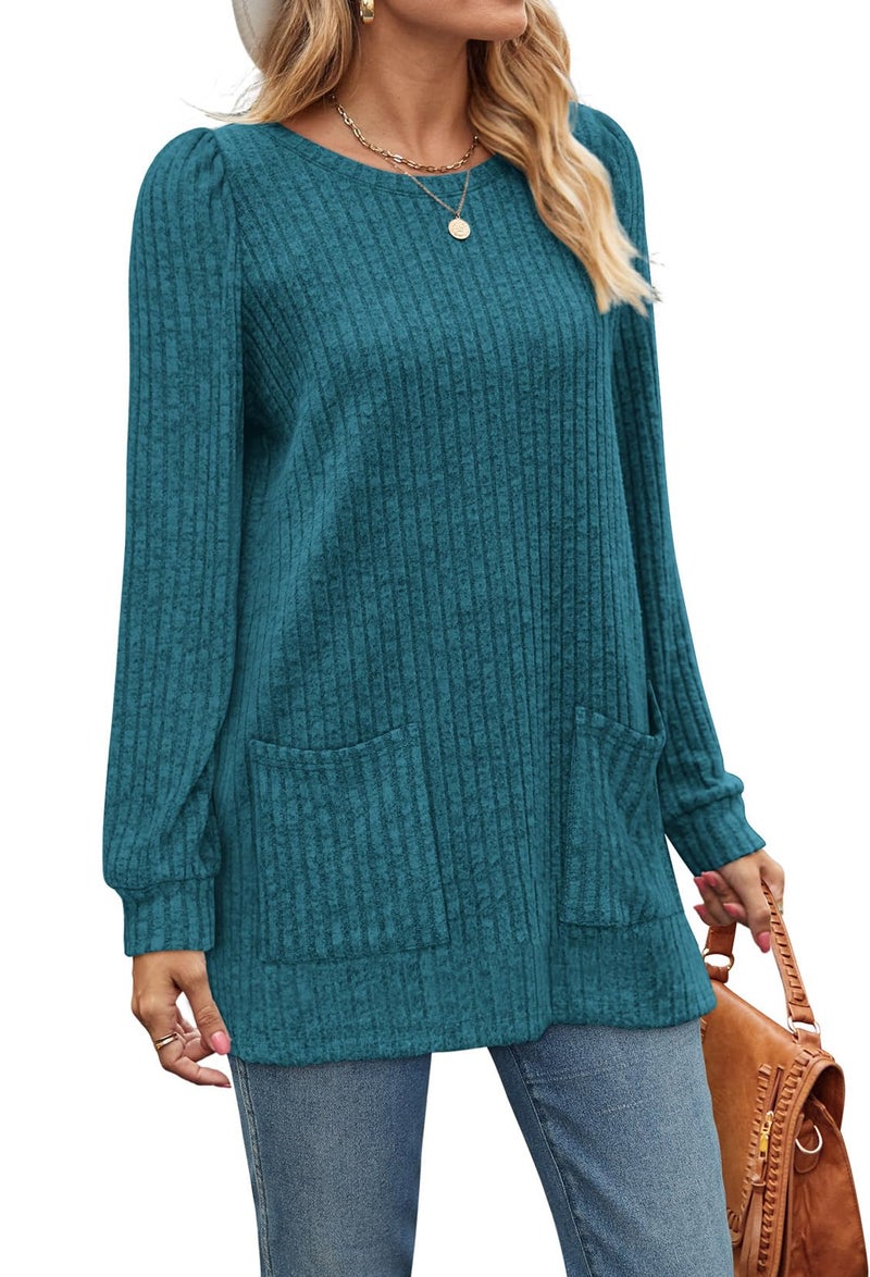 OFEEFAN Fall Sweaters to Wear with Leggings Tops for Women Casual Tunic Tops Loose Fit Marine Blue M - Image 2