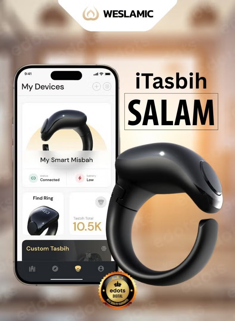 WESLAMIC iTasbih (Salam) Smart Ring, OLED Display, Zikr Counter, Prayer Reminders, 2 Adjustable Sizes 18&20mm in Box, Magnet Charging, Waterproof, Bluetooth Enabled - Image 1