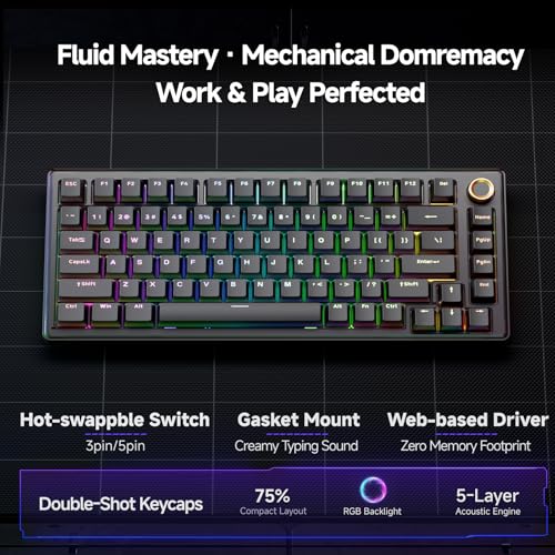 TMKB Technology Mechanical KeyBoard TMKB T81E Mechanical Gaming Keyboard, 75% Gasket Mount Wired Keyboard with Knob & 5-Layer Sound Dampening, Hot-Swappable, RGB Backlit, 82 Keys for Windows/Mac/Linux - Black - Image 2