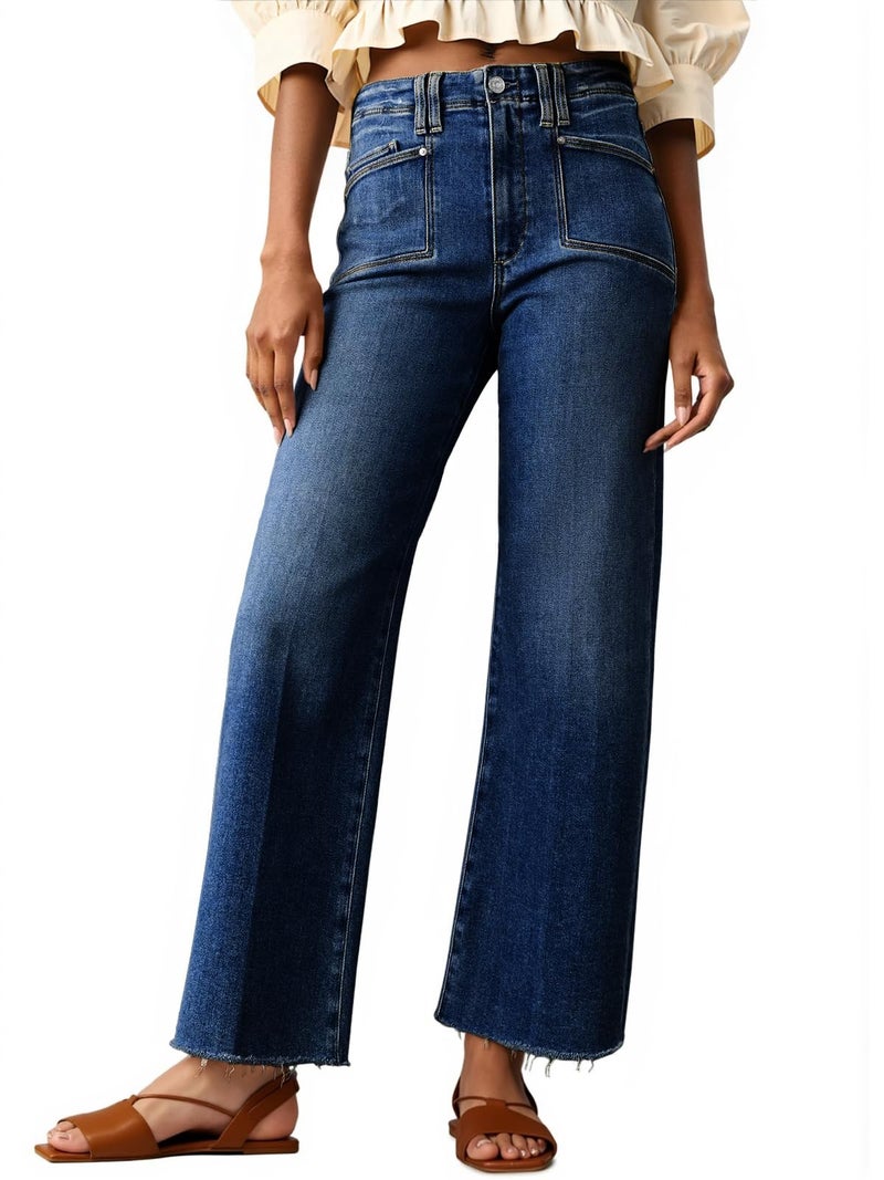 Cicy Bell Womens High Waisted Cropped Jeans Trendy Stretchy Baggy Straight Leg Raw Hem Capri Denim Pants Navy - Image 1
