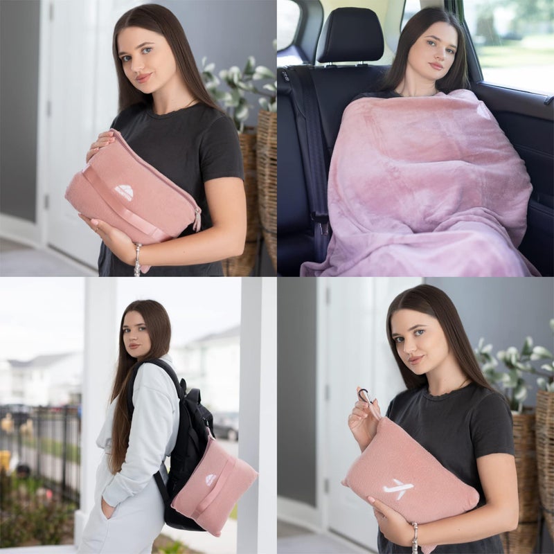 BlueHills Premium Soft Travel Blanket Pillow Compact Mini Airplane Blanket with Portable Pillowcase Long Flights​ - Dusty Rose Pink M02 - Image 2