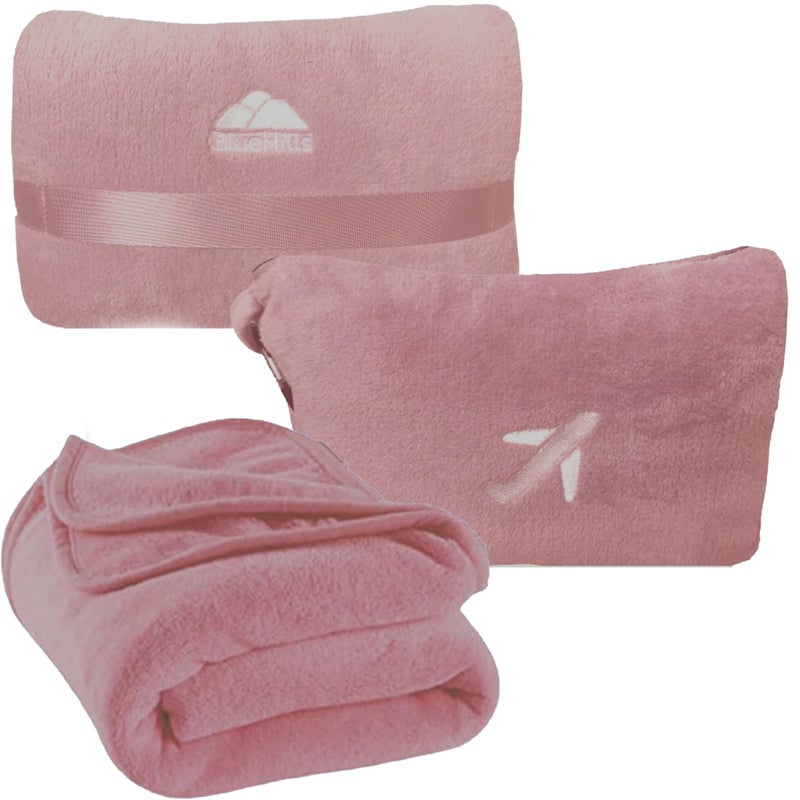 BlueHills Premium Soft Travel Blanket Pillow Compact Mini Airplane Blanket with Portable Pillowcase Long Flights​ - Dusty Rose Pink M02 - Image 1