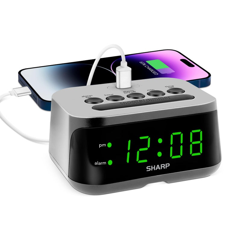 Sharp Digital Alarm Clock with Super Fast USBC Charge Port Green LED Display