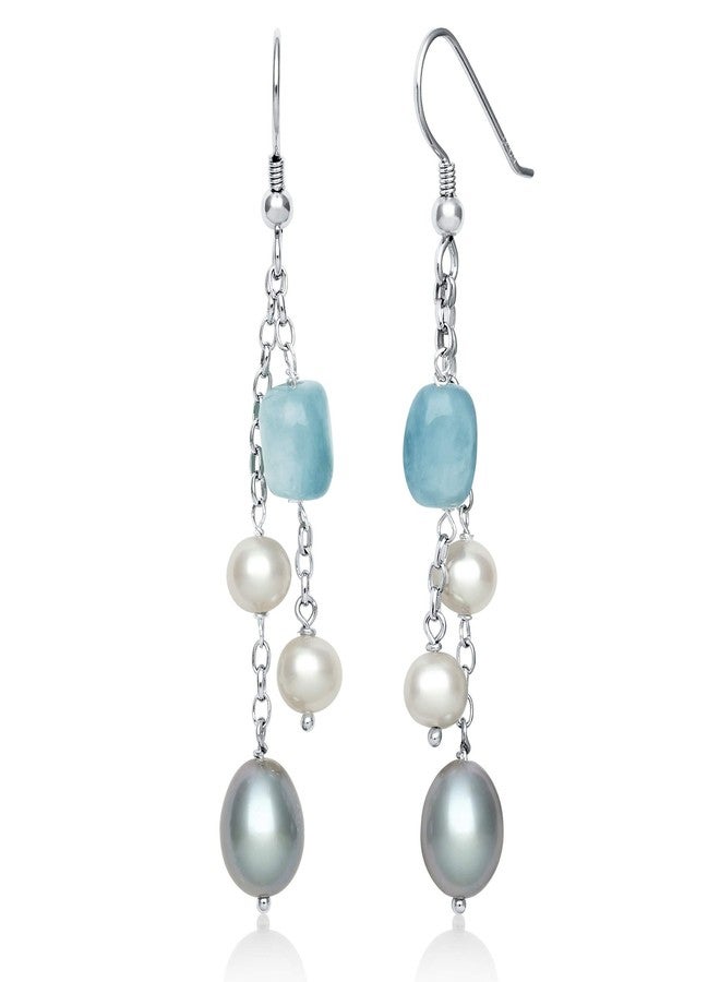 Belacqua White Cultured Freshwater Pearl and Milky Aquamarine Dangle Drop Earrings in Sterling Silver, 2 Inches Length, Real Pearl Jewelry for Women, Gift Box Included - Image 1