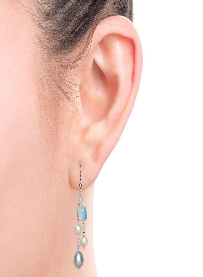 Belacqua White Cultured Freshwater Pearl and Milky Aquamarine Dangle Drop Earrings in Sterling Silver, 2 Inches Length, Real Pearl Jewelry for Women, Gift Box Included - Image 3