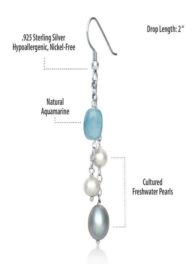 Belacqua White Cultured Freshwater Pearl and Milky Aquamarine Dangle Drop Earrings in Sterling Silver, 2 Inches Length, Real Pearl Jewelry for Women, Gift Box Included - Image 2