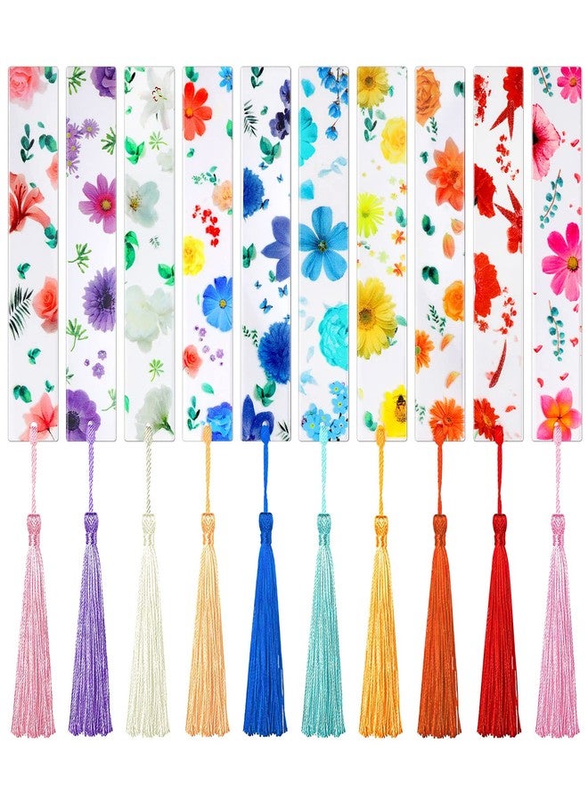 Prudiut 10Pcs Flower Resin Bookmark Transparent Floral Bookmarks for Women Cute Bookmarks Flower Page Marker with Tassels, Gifts for Book Lovers, Women, Kids - Image 1