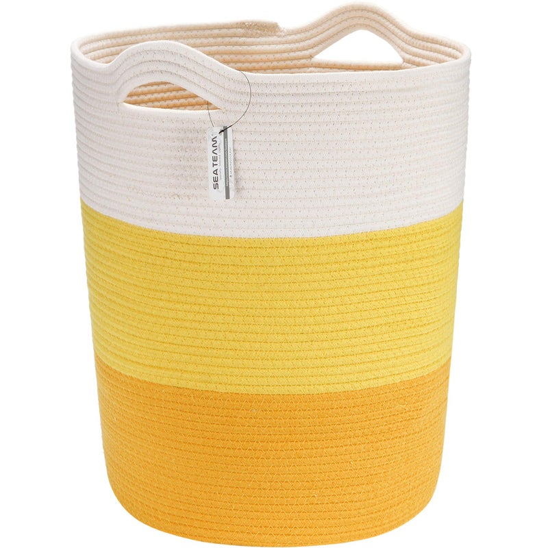 Sea Team Large Size Cotton Rope Woven Storage Basket with Handles Laundry Hamper Fabric Bucket Drum Clothes Toys Organizer for Kids Room 20 x 14 inches Round Open Design White Yellow