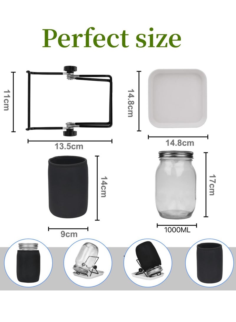 طقم برطمان للبراعم مزود بغطاء منخل من الفولاذ المقاوم للصدأ لبراعم البذور بسعة 1000 مل، وحامل وصينية وغطاء ظليل، طقم براعم البذور للبروكلي والبرسيم وبراعم الفاصوليا - Image 2