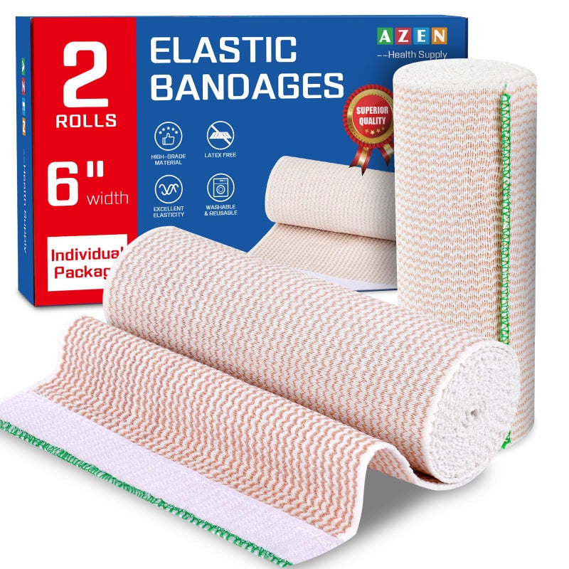 AZEN Premium 2 Pack Elastic Bandage Wrap 6 Inch, Compression Wrap Bandage for Legs, Ankle, Knee, Tummy, Body, Latex-Free, Lymphedema Wraps for Legs - Image 1