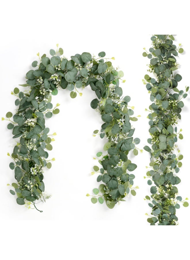 Daytoyz 2 PCS Artificial Eucalyptus Garland 5.9FT Fake Silver Dollar Greenery Garland with White Flower Boxwood Artificial Greenery Garland Vines for Wedding Backdrop Table Runner Home Decor (2PCS) - Image 1