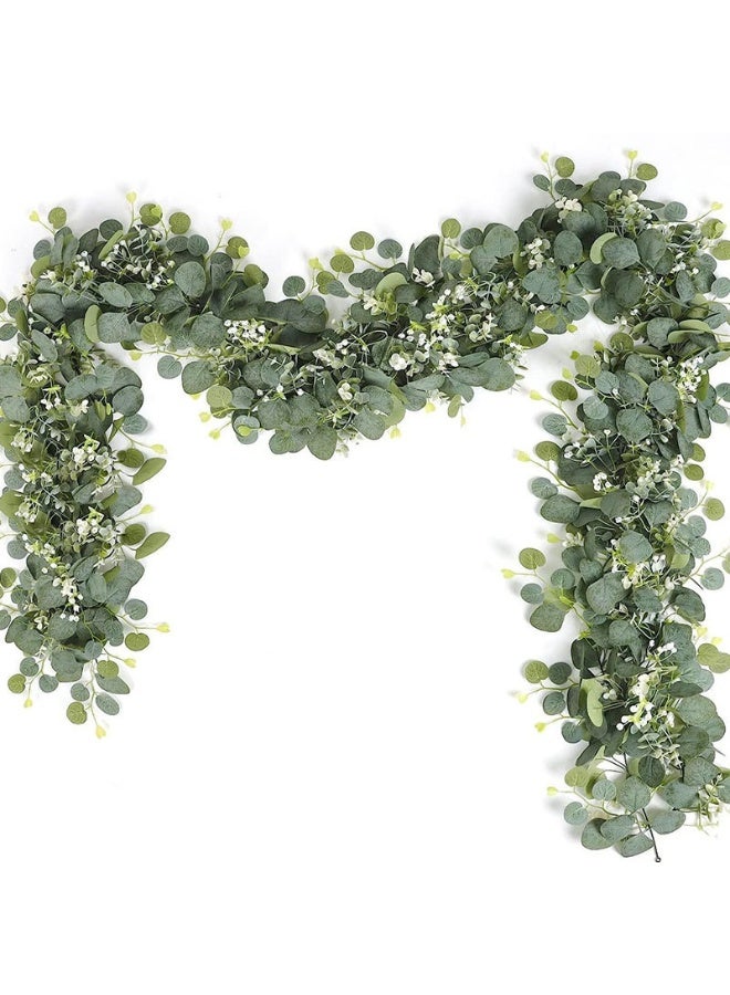 Daytoyz 2 PCS Artificial Eucalyptus Garland 5.9FT Fake Silver Dollar Greenery Garland with White Flower Boxwood Artificial Greenery Garland Vines for Wedding Backdrop Table Runner Home Decor (2PCS) - Image 2