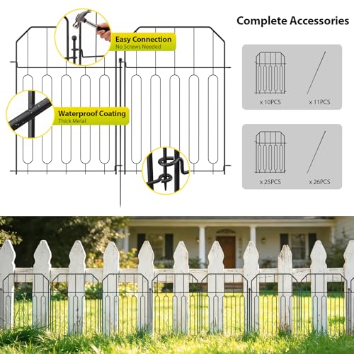 VANCASTLE Decorative Garden Fence, Toatal 10FT(L) x 21IN(H) Outdoor Metal No Dig Fence Animal Barrier, Rustproof No-Tool Assembly Landscape Edging for Yard, Lawn, Patio, Flower Bed-10 Panels Design I - Image 3