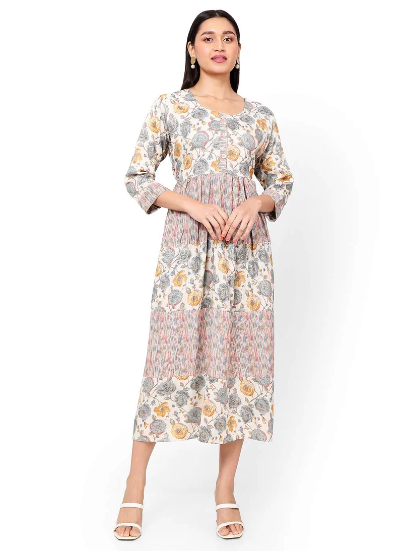 هانا آند سارا MULTICOLOUR FLORAL AND SMALL STRIP PRINTED WITH STYLED BUTTONED ON FRONT ARABIC KAFTAN JALABIYA DRESS