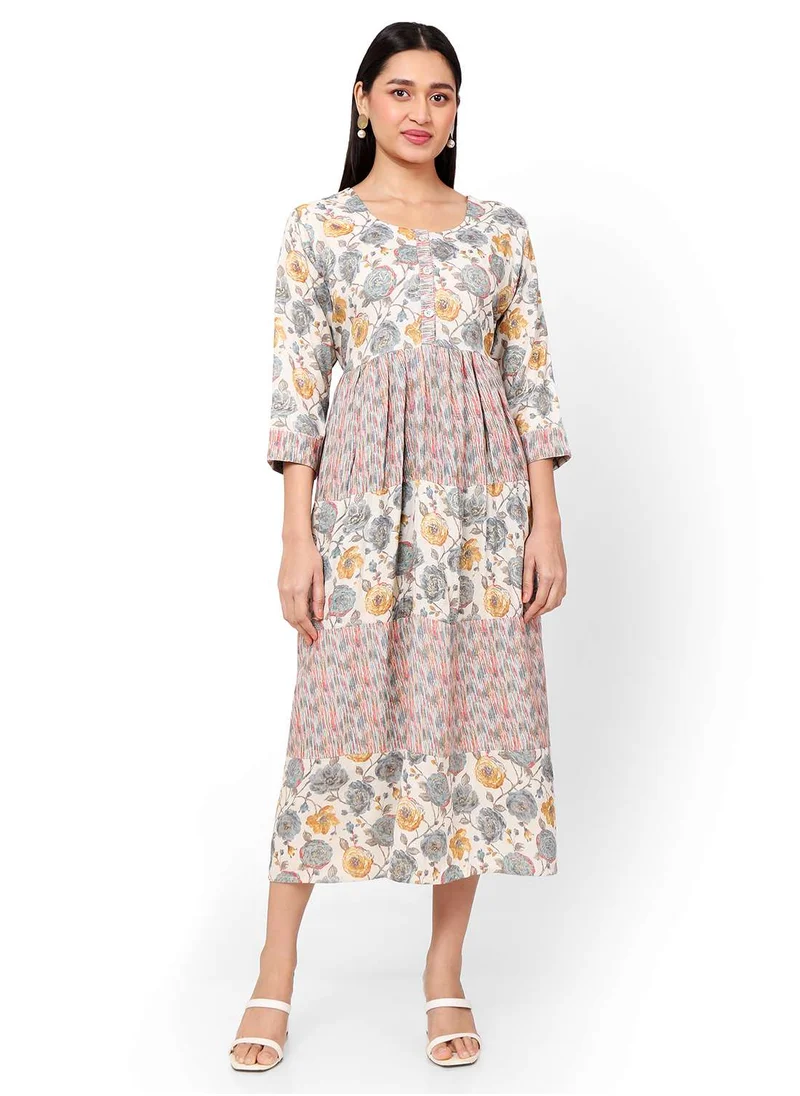 HANA & SARA MULTICOLOUR FLORAL AND SMALL STRIP PRINTED WITH STYLED BUTTONED ON FRONT ARABIC KAFTAN JALABIYA DRESS
