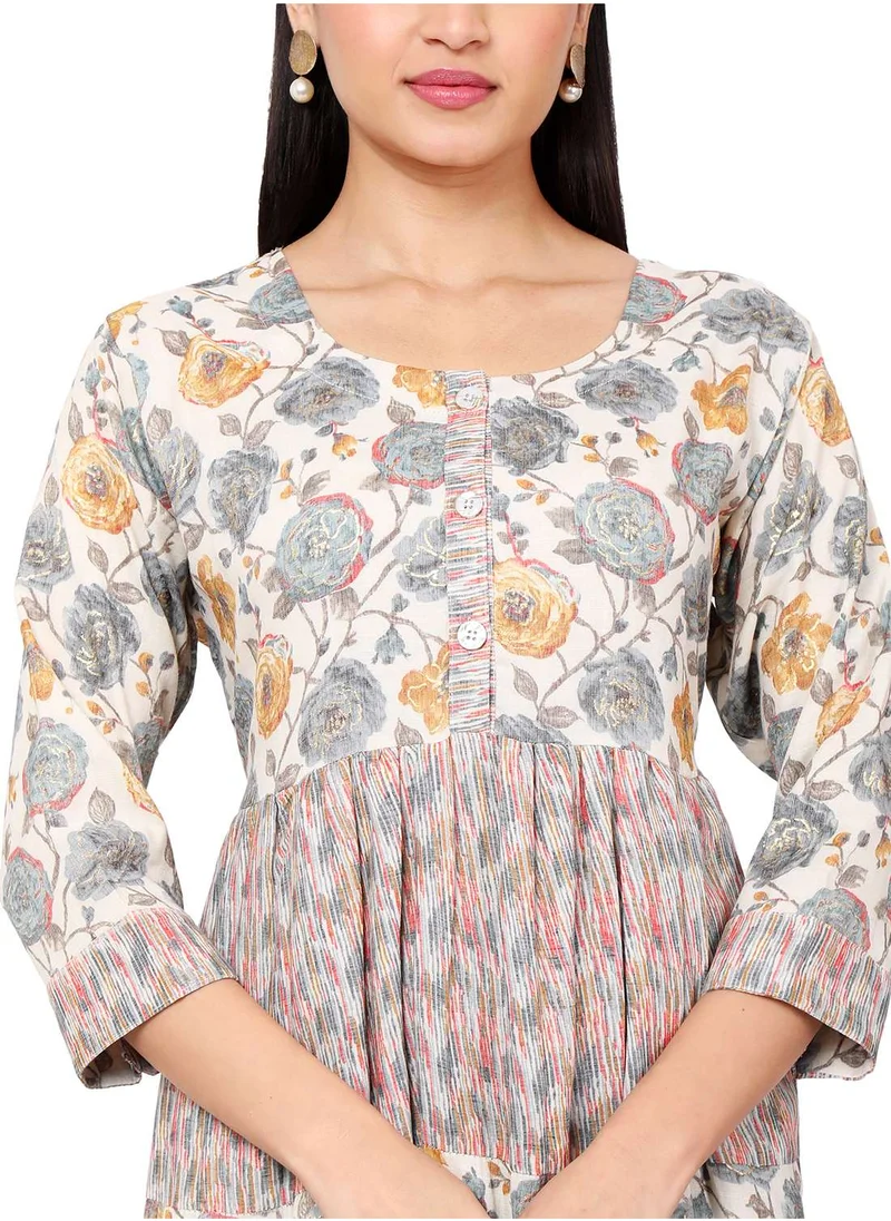 HANA & SARA MULTICOLOUR FLORAL AND SMALL STRIP PRINTED WITH STYLED BUTTONED ON FRONT ARABIC KAFTAN JALABIYA DRESS