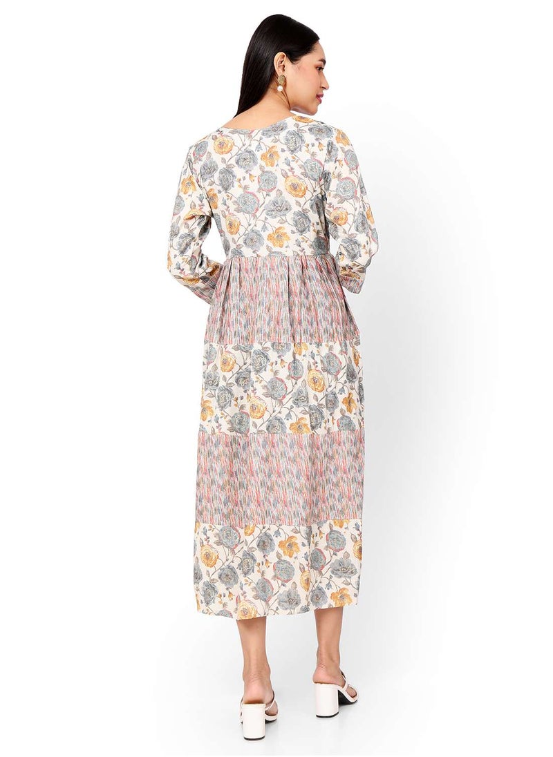 HANA & SARA - MULTICOLOUR FLORAL AND SMALL STRIP PRINTED WITH STYLED BUTTONED ON FRONT ARABIC KAFTAN JALABIYA DRESS - Image 1