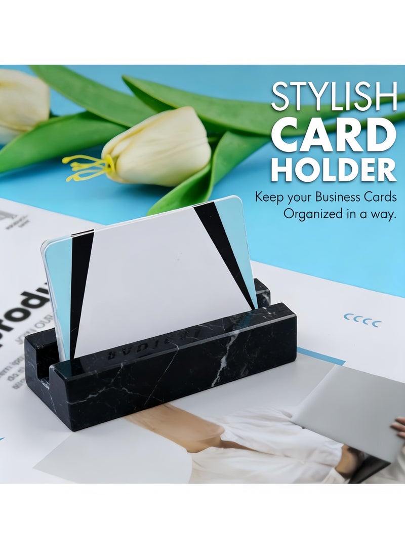 حامل بطاقات عمل للمكتب، صندوق بطاقات عمل، حامل عرض أنيق لبطاقات العمل، مصنوع من الرخام الأبيض، منظم مكتب يمكنه حمل 25 بطاقة عمل، ملحقات مكتب للجنسين - Image 2