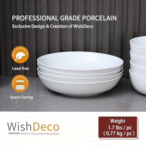 WishDeco White Pasta Bowls Set of 4, Porcelain Salad Bowls 37 oz, Wide and Shallow Serving Bowl 9 Inch, Large Pasta Plates, Serving Dishes for Soup, Dinner, Microwave and Dishwasher Safe - Image 4