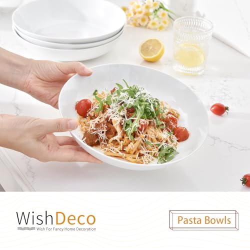 WishDeco White Pasta Bowls Set of 4, Porcelain Salad Bowls 37 oz, Wide and Shallow Serving Bowl 9 Inch, Large Pasta Plates, Serving Dishes for Soup, Dinner, Microwave and Dishwasher Safe - Image 2