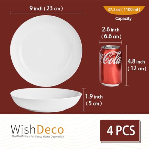 WishDeco White Pasta Bowls Set of 4, Porcelain Salad Bowls 37 oz, Wide and Shallow Serving Bowl 9 Inch, Large Pasta Plates, Serving Dishes for Soup, Dinner, Microwave and Dishwasher Safe - Image 3