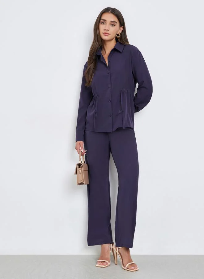 Styli Women Solid Drawstring Shirt and Pants Co-ords