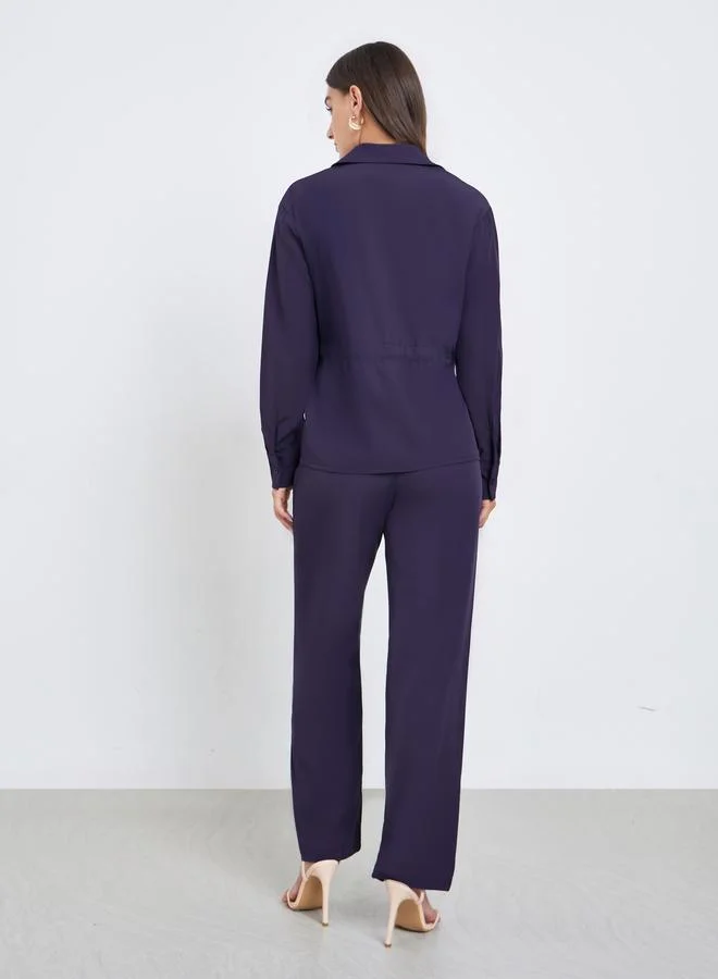 Styli  Women Solid Drawstring Shirt and Pants Co-ords for Women | Best Price UAE