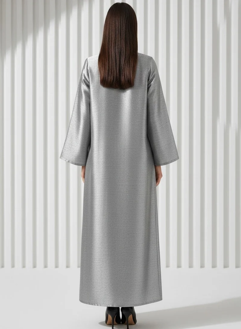 Moistreet  Metallic Grey Raw Silk A-Line Abaya for Women | Best Price UAE