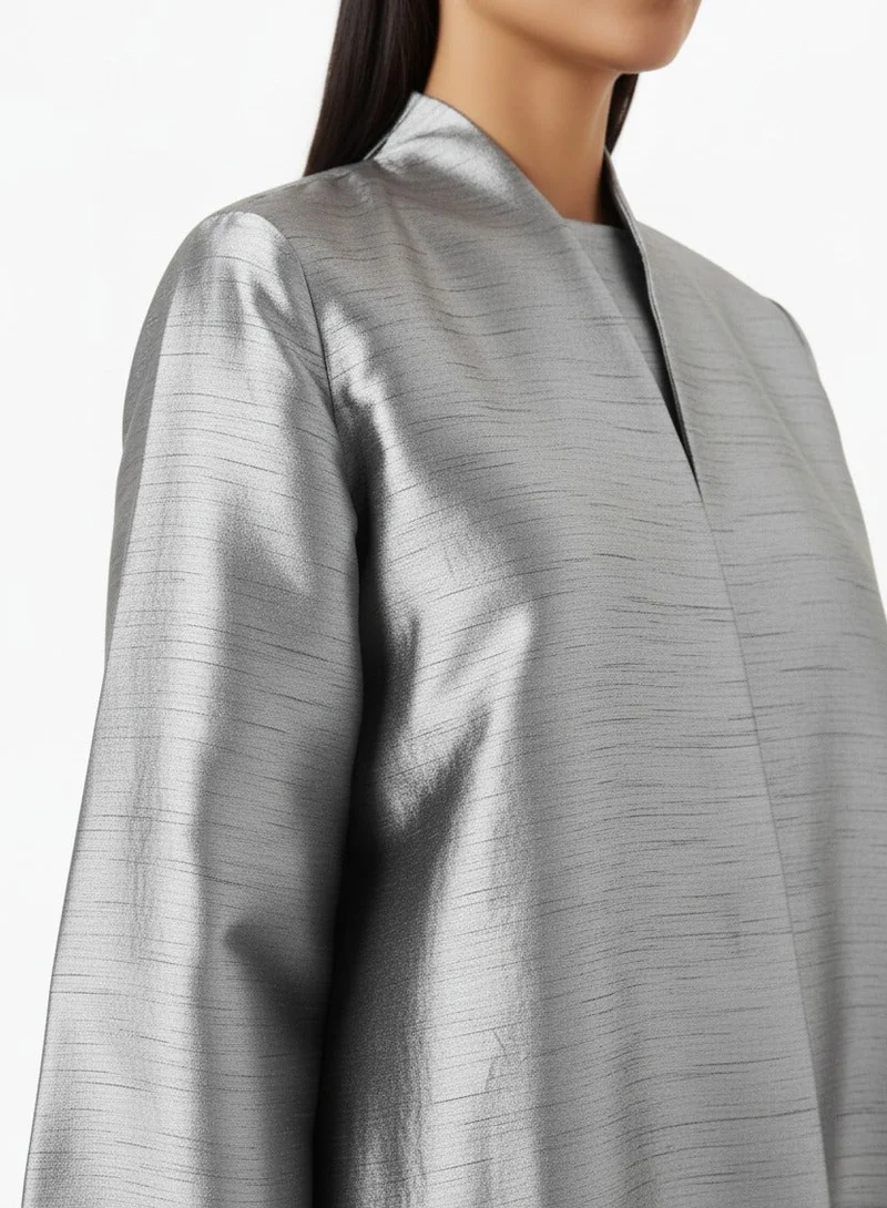 مويستريت Metallic Grey Raw Silk A-Line Abaya