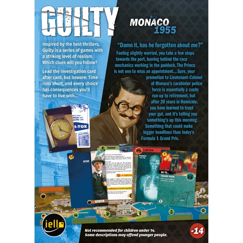 IELLO: Guilty: Monaco 1955 - Cooperative Deduction Game, Murder Mystery Investigation, Realistic Details, Ages 14+, 1-99 Players, 180-240 Minutes - Image 2