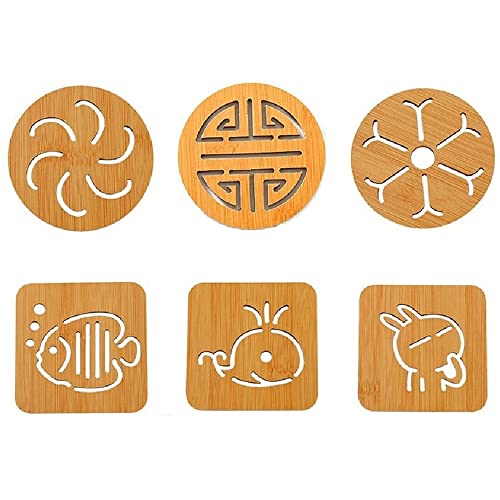 HENIJ 6 PCS Wooden Trivets Cartoon Creative Heat Insulation Mat Cup Mat Bowl Mat for Kitchen (Random Pattern) - Image 1