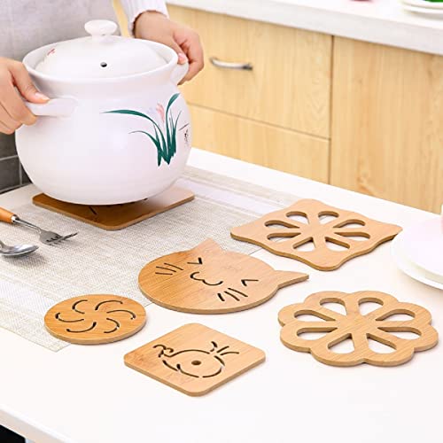 HENIJ 6 PCS Wooden Trivets Cartoon Creative Heat Insulation Mat Cup Mat Bowl Mat for Kitchen (Random Pattern) - Image 4