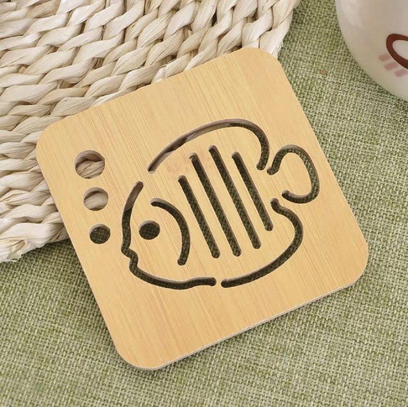 HENIJ 6 PCS Wooden Trivets Cartoon Creative Heat Insulation Mat Cup Mat Bowl Mat for Kitchen (Random Pattern) - Image 5