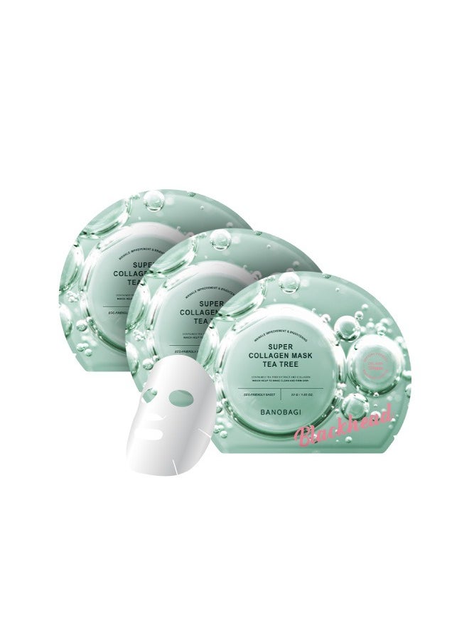 Banobagi Super Collagen Mask Tea Tree Soothing – Korean Face Mask with Collagen, Hyaluronic Acid, and Tea Tree Extract for Acne Relief and Skin Soothing. Hydrating, Firming, and Moisturizing Sheet Mask for Acne-Prone and Sensitive Skin. Ideal for Revitalizing, Nourishing, and Rejuvenating Skin – Pack of 3  - Image 1