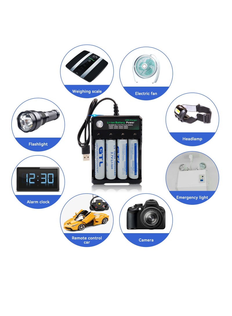 18650 Battery Charger with 4PCS 3.7V 9800mAh Rechargeable Batteries with 4 Slot USB USB Intelligent Universal Battery Charger Suitable for Li-ion 14500 16340 16650 14650 18350 18500 18650 - Image 3