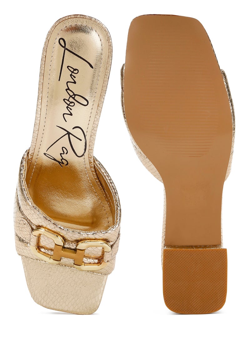 London Rag Gold Horsebit Detail Snake Print Sandals  - Image 4