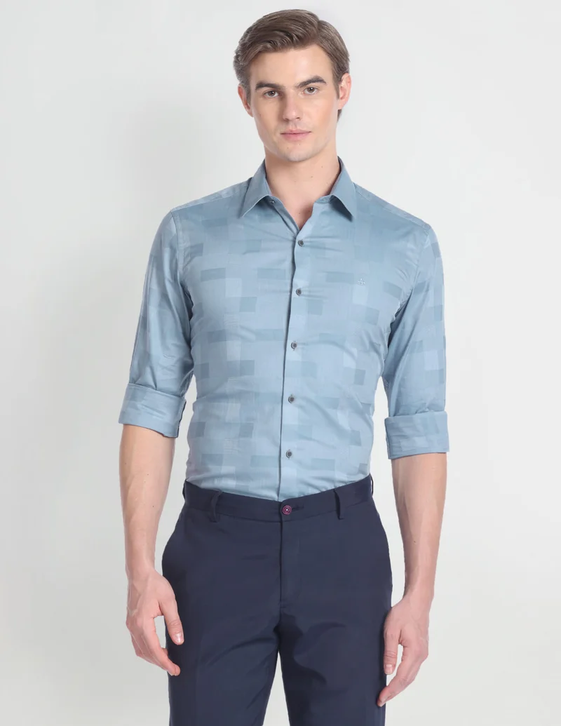 Arrow Light Blue Patterned Weave Slim Fit Shirt for Men | Best Price UAE