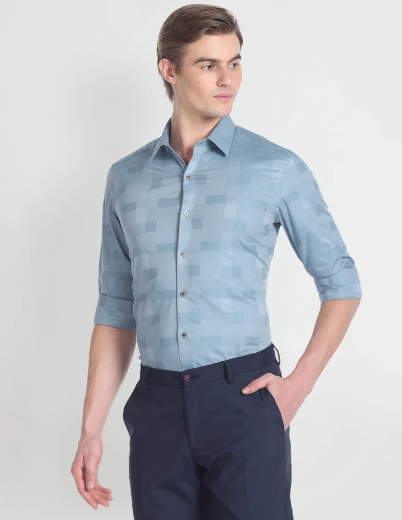 Arrow Light Blue Patterned Weave Slim Fit Shirt for Men | Best Price UAE