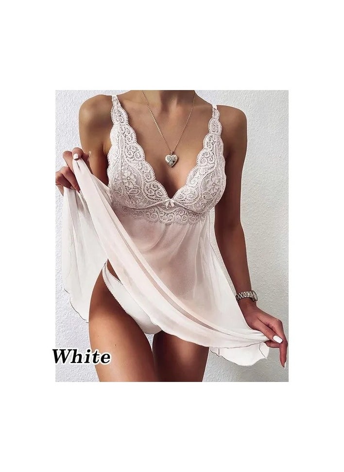 Generic 1-Set Women's Fashion Deep V-neck Lace Stitching Nightdress,Lingerie Pajama Dress Set,Plus Size Homewear Nightgown,Colour White  - Image 2
