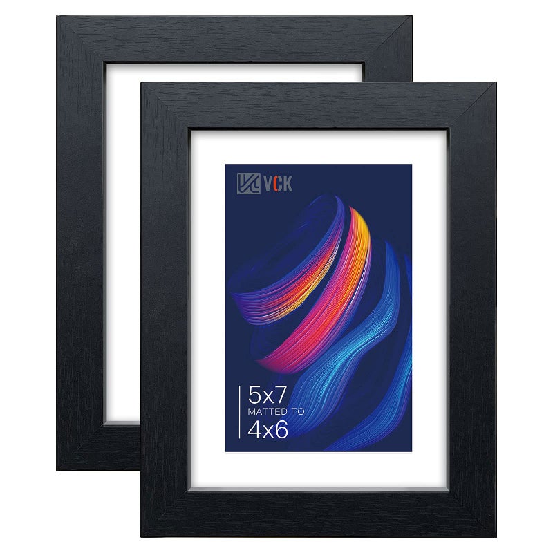 VCK 5x7 Picture Frame Set of 2  Black Textured Exclusive Wooden Photo Frames with HD Glass  Matted to 4x6 or 5x7 without Mat  Table Display or Wall Hanging