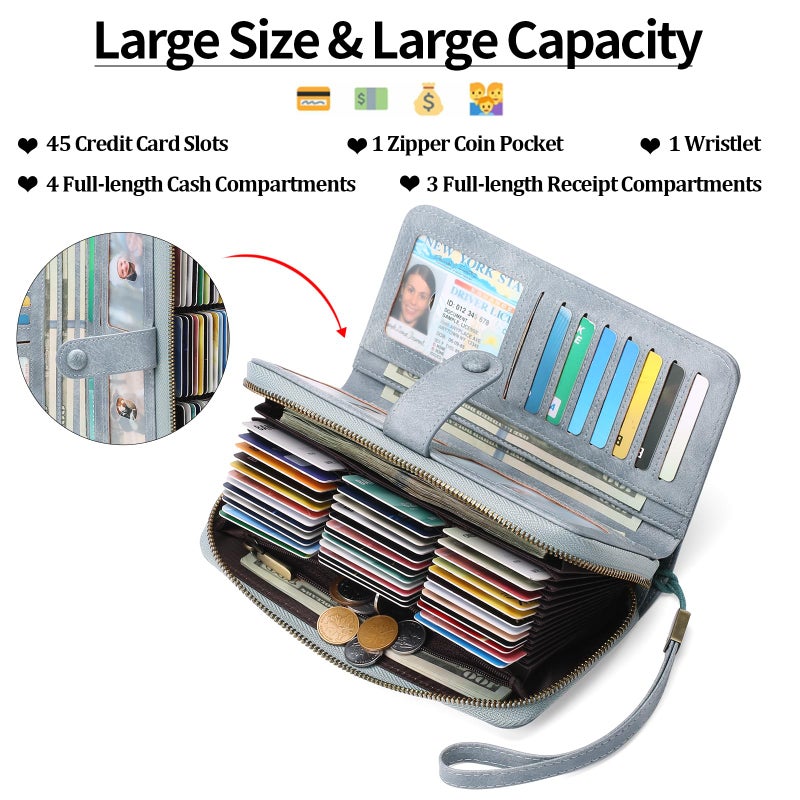 GAEKEAO Leather Credit Card Holder Wallet for Women RFID Blocking Large Capacity Bifold Zipper Card Case Organizer with Wristlet 45 Slots - Image 2