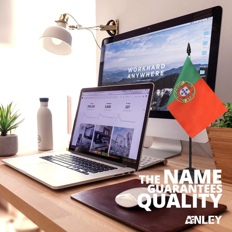 Anley Portugal Deluxe Desk Flag Set - 6 x 4 Inch Miniature Portuguese Desktop Flag with 12" Solid Pole - Vivid Color and Fade Resistant - Black Base and Spear Top - Image 1