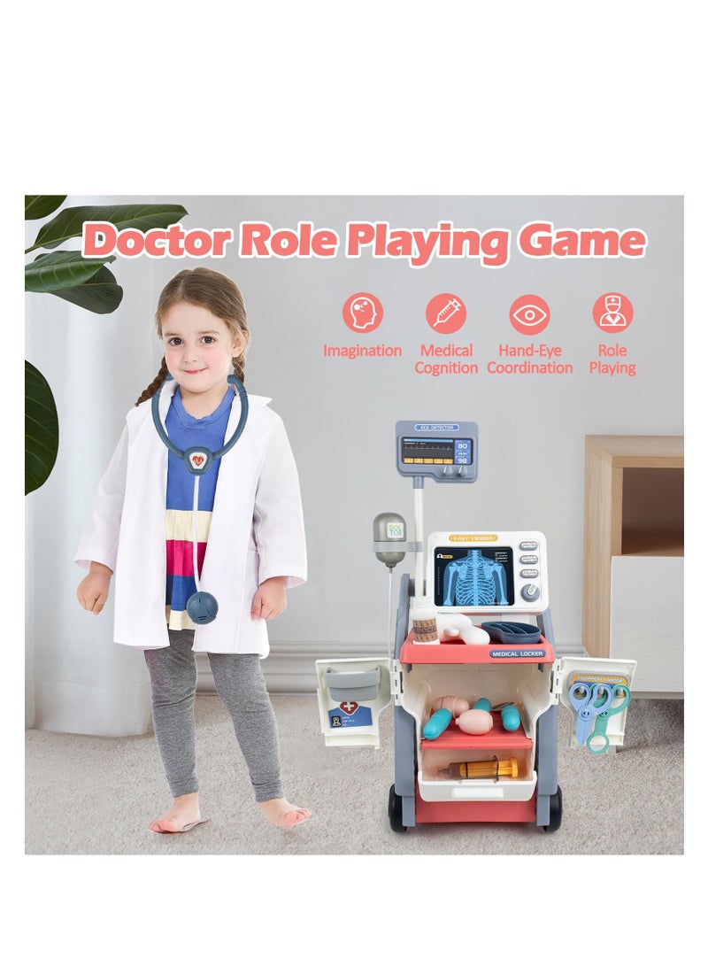 SYOSI Toy Doctor Kit, Kids Medical Cart Playset with Simulated Sounds, Realistic Pretend Play Doctor Games for Toddlers 3-5, Pretend Medical Station Set with Mobile Cart, Gift for Boys Girls (Pink) - Image 2
