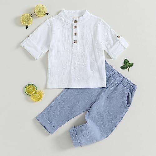 Karuedoo Toddler Baby Boy Clothes Cotton Linen Henley Shirts Button Down Long Sleeve Shirts Casual Pants Set (A-White Blue, 18-24 Months) - Image 2