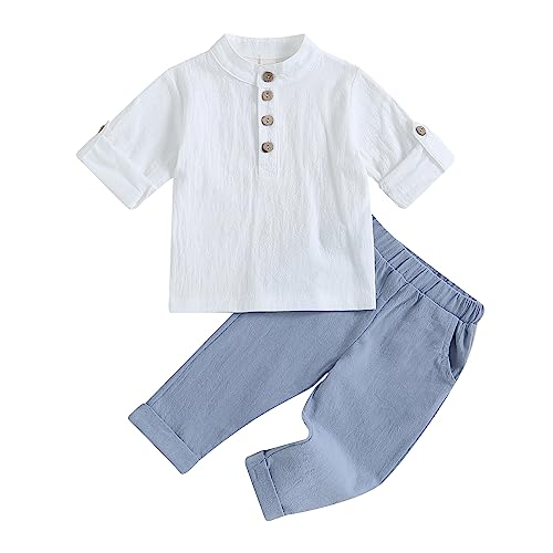 Karuedoo Toddler Baby Boy Clothes Cotton Linen Henley Shirts Button Down Long Sleeve Shirts Casual Pants Set (A-White Blue, 18-24 Months) - Image 1